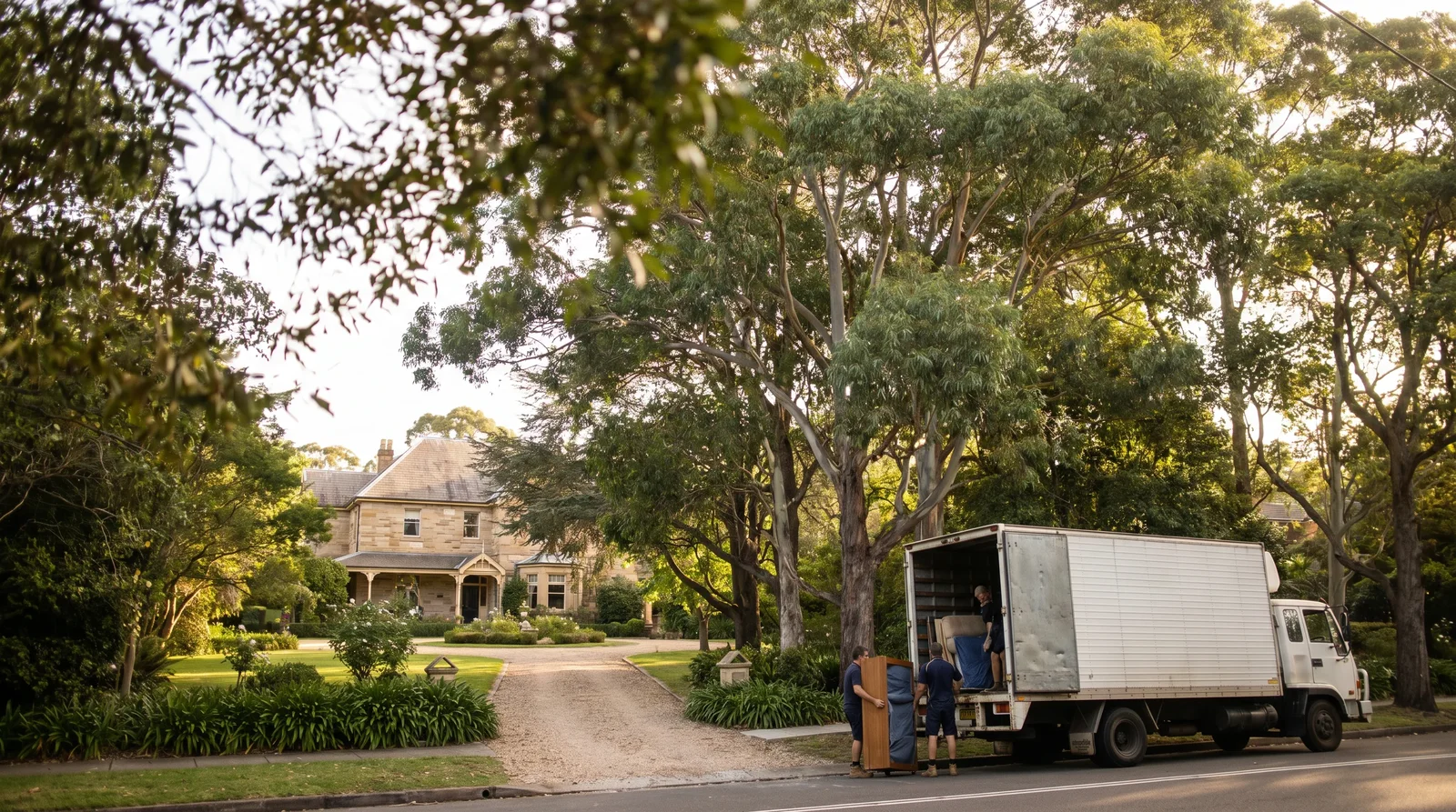 A long, leafy driveway curving uphill toward a grand Upper North Shore home under a eucalyptus canopy